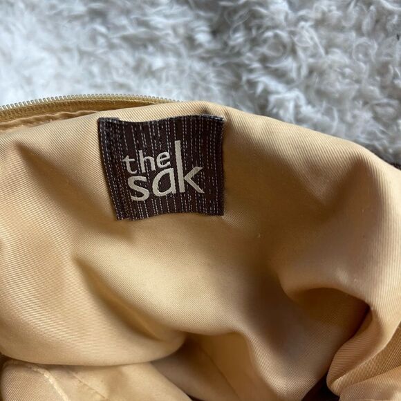 The SAK Crochet Sand,gray &khaki bucket style shoulder bag braided brown straps - Picture 8 of 14